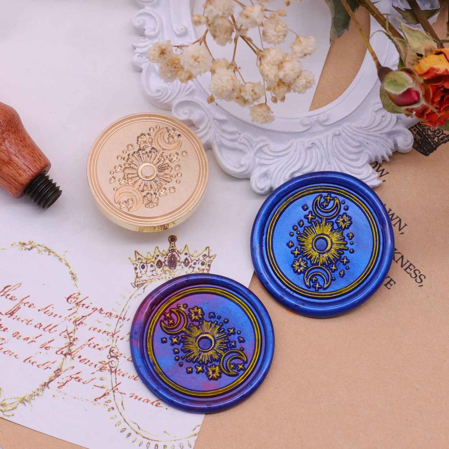 SWANGSA Sun and Moon Wax Seal Stamp Kit with 200pcs Sealing Wax Beads, Great for Embellishment of Invitations, Christmas, Wine Packages, Gift Idea