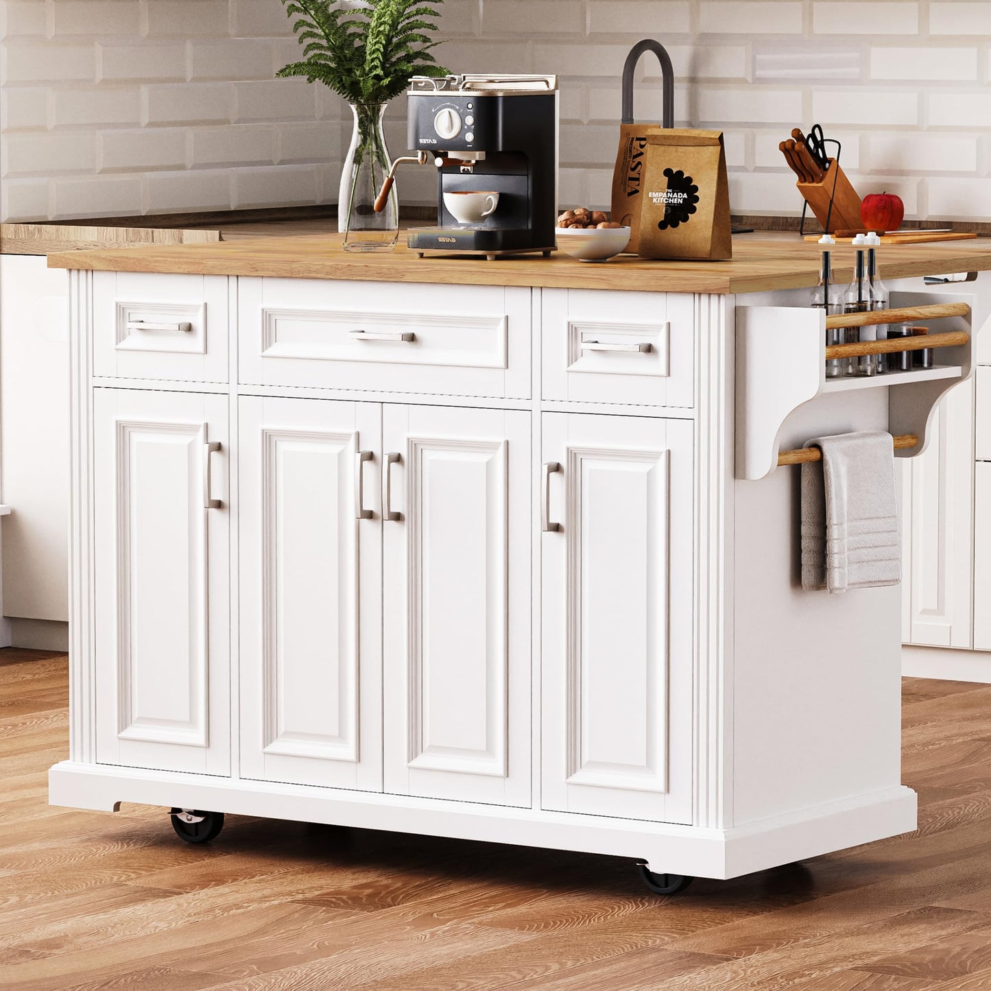 Ball & Cast Modern Large Kitchen Island with Rubber Wood Drop Leaf, Embossed Texture Rolling Cart on 4 Wheels W/4 Doors & 3 Drawers, Mobile Storage Kitchen Islands W/Storage for Dining Room,White,54"