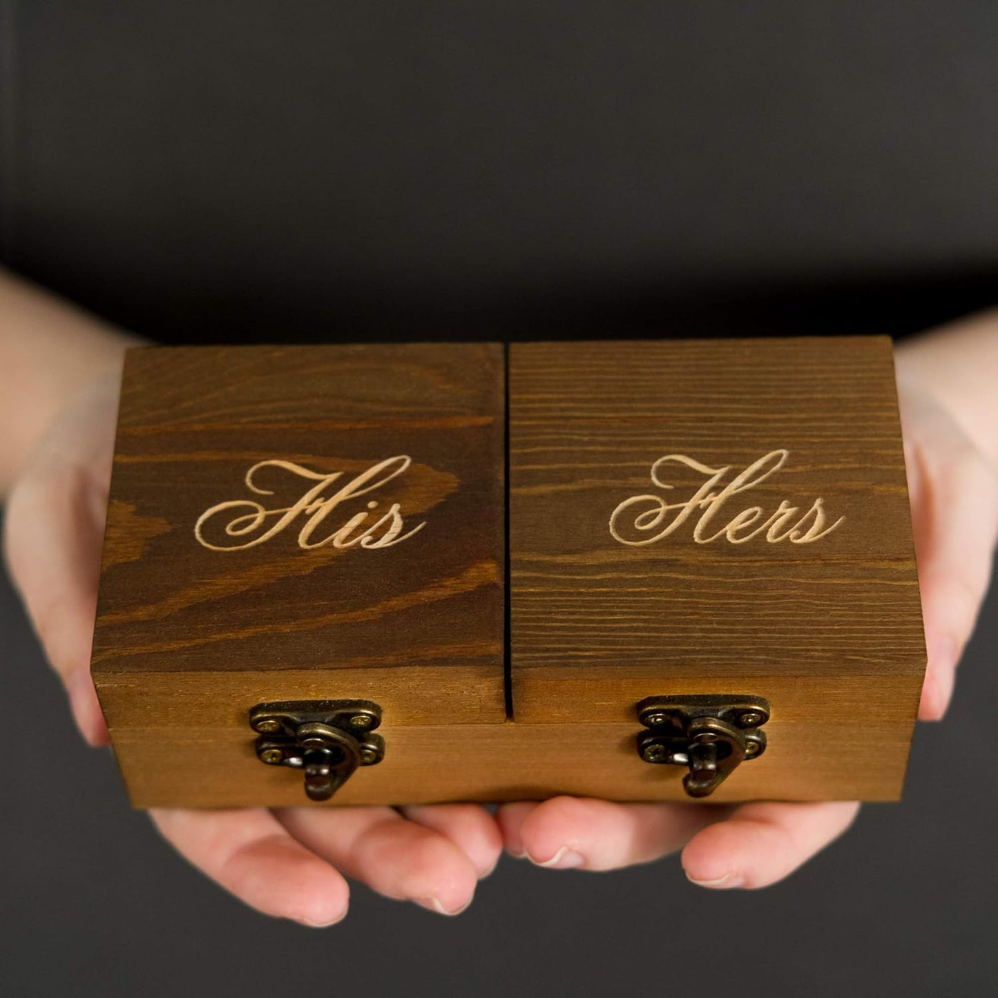 Ella Celebration Wood Ring Box for Wedding Ceremony, Rustic Vintage Ring Bearer Box, His & Hers