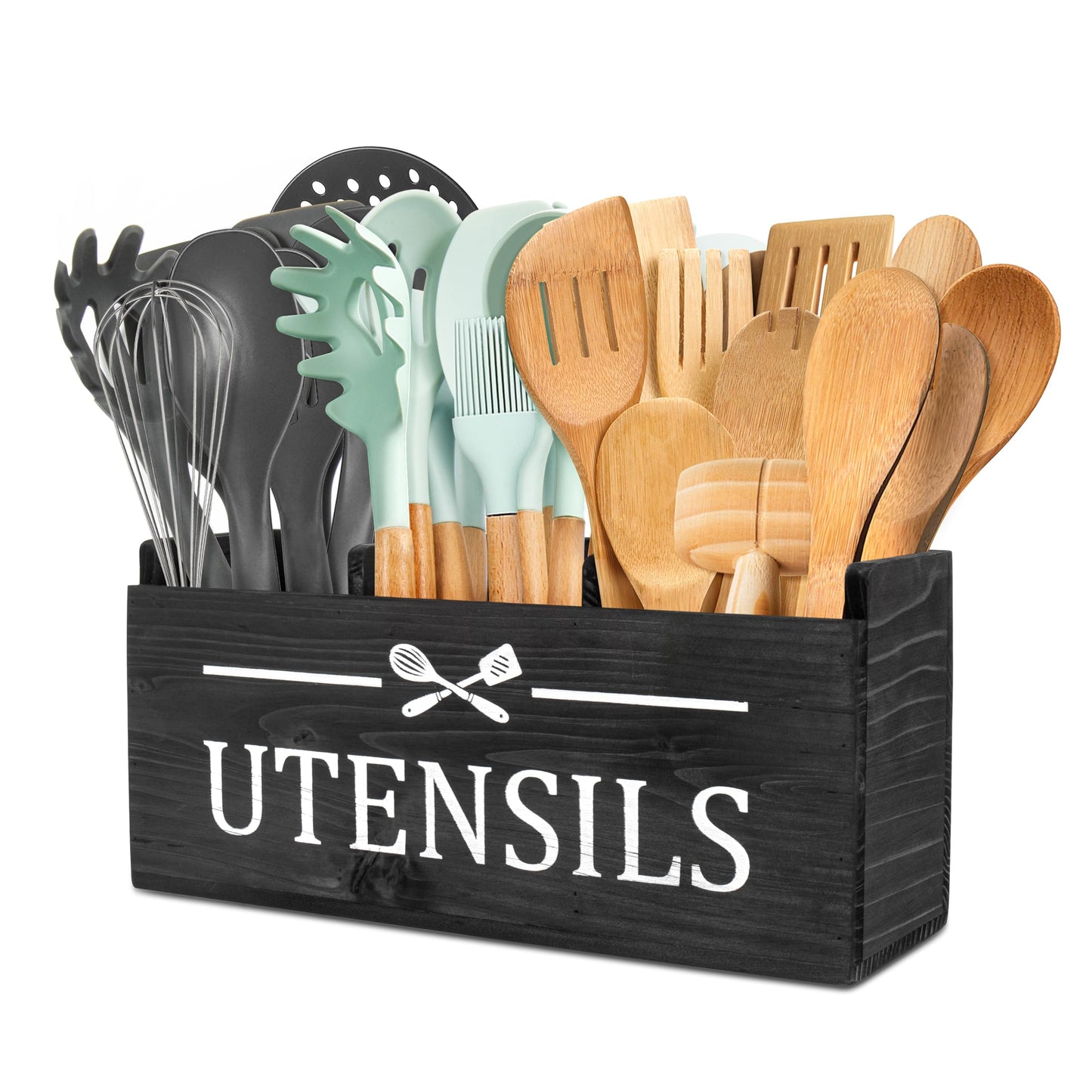 RedCall Wooden Kitchen Utensil Holder for Counter-top,Large Utensil Organizer for Storage Cooking Tool and Silverware,Extra Large Rustic Wood Container (Black)