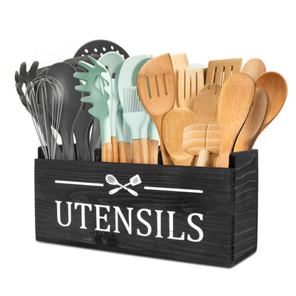 RedCall Wooden Kitchen Utensil Holder for Counter-top,Large Utensil Organizer for Storage Cooking Tool and Silverware,Extra Large Rustic Wood Container (Black)