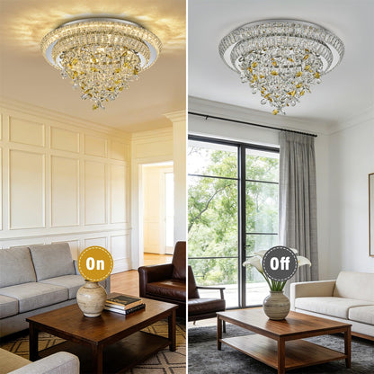 24 inch Sliver LED Crystal Ceiling Light, Flush Mount Chandeliers with Remote and APP Control, 3CCT Dimmable, Modern Elegant Raindrop Chandelier Light Fixture for Bedroom Dining Room Living Room Foyer