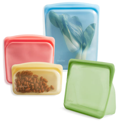 Stasher Silicone Reusable Storage Food Bags, 4-Pack, Reusable Freezer Bags, Microwave, Dishwasher, Oven Safe, Sous Vide, Premium Lunch Containers, Eco Friendly, Food-safe Silicone Snack Bag, Rainbow