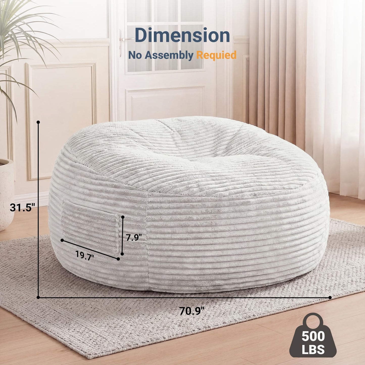 Claiks 8 Ft Giant Foam Bean Bag Chair, Oversized Couch with Removable Cover, Soft Plush Bean Bag Chairs for Adults and for Kids Teens Adults in Living Room, Beige