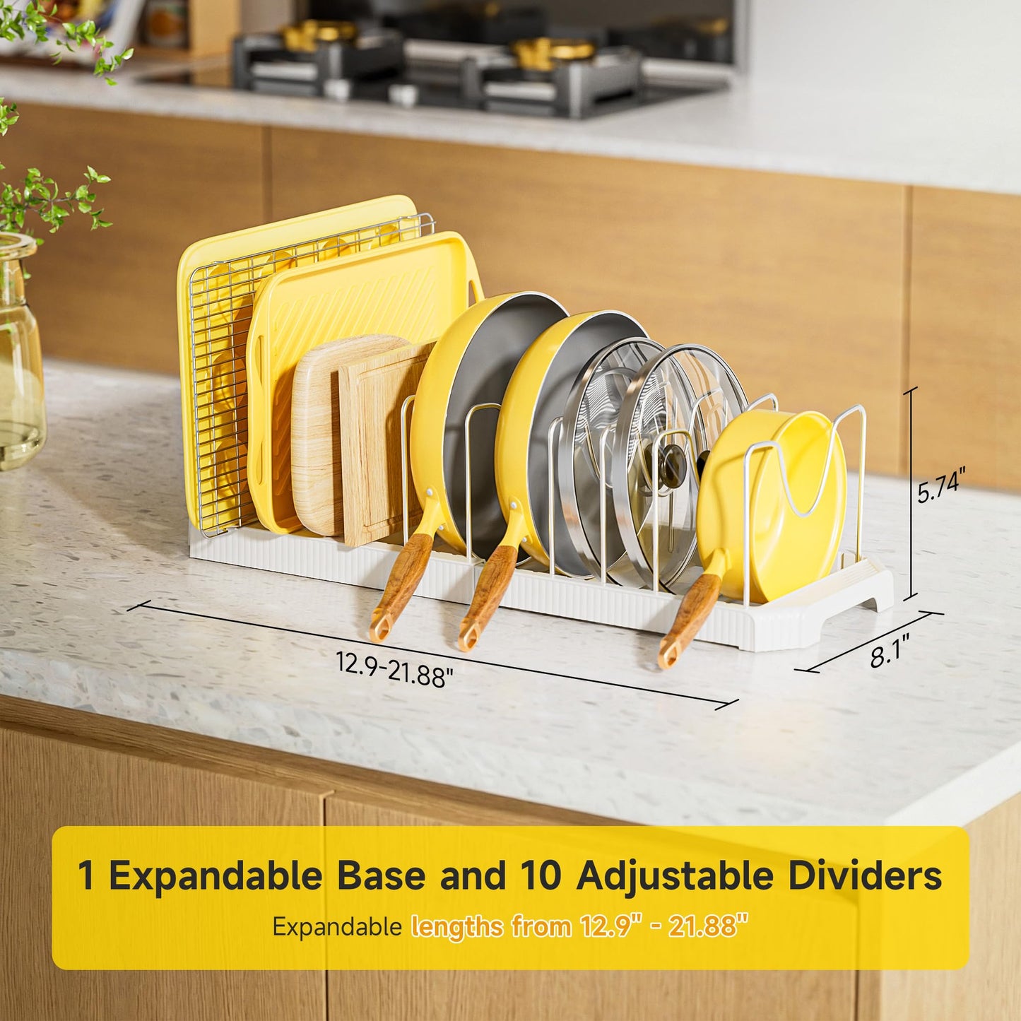 Mudeela Pot Lid Organizer Rack for Cabinet, Expandable Pots and Pans Organizer under Cabinet with 10 Adjustable Dividers, Pan Organizers Holder inside Cabinet for Plates, Cutting Boards, Baking Sheets