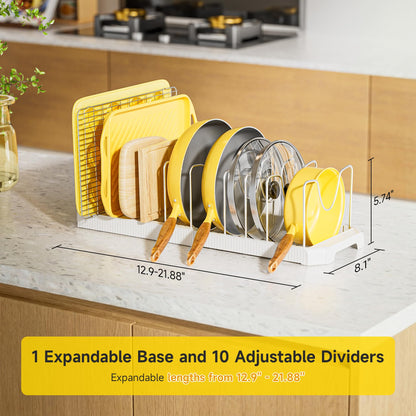 Mudeela Pot Lid Organizer Rack for Cabinet, Expandable Pots and Pans Organizer under Cabinet with 10 Adjustable Dividers, Pan Organizers Holder inside Cabinet for Plates, Cutting Boards, Baking Sheets