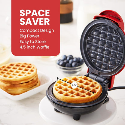 Elite Gourmet EWM015R Electric Nonstick Mini Waffle Maker, Compact Design for Belgian Waffles, Red