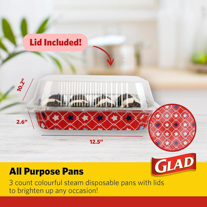 Glad Disposable Aluminum All Purpose Pans, Red, White & Blue Stars, 3ct with Lids, 12.5” x 10.2”