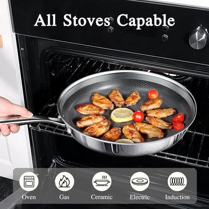 GiPP Tri-Ply Stainless Steel Frying Pan, 12 inch Hybrid Frying Pans Nonstick Skillets, Dishwasher and Oven-Safe, Induction Ready, Compatible with All Cook tops, PFOS/PFOA Free