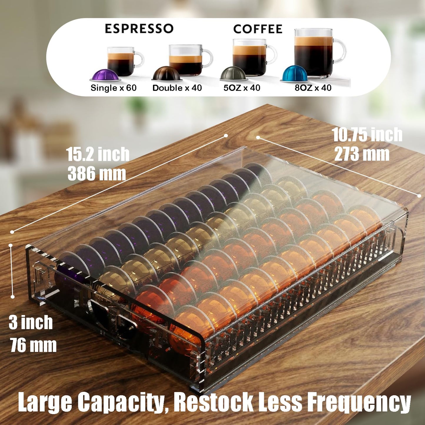 Heavy Duty Crystal Acrylic Coffee Pods Holder Drawer, Compatible for All Nespresso Vertuo Pods, Great Capacity Holds up to 60 Small or 40 Big Vertuoline Pods