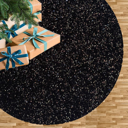 FUHSY Black Christmas Tree Skirt, 21 Inch Sequin Velvet Tree Cover Mat for Home Ornaments and Holiday Decor