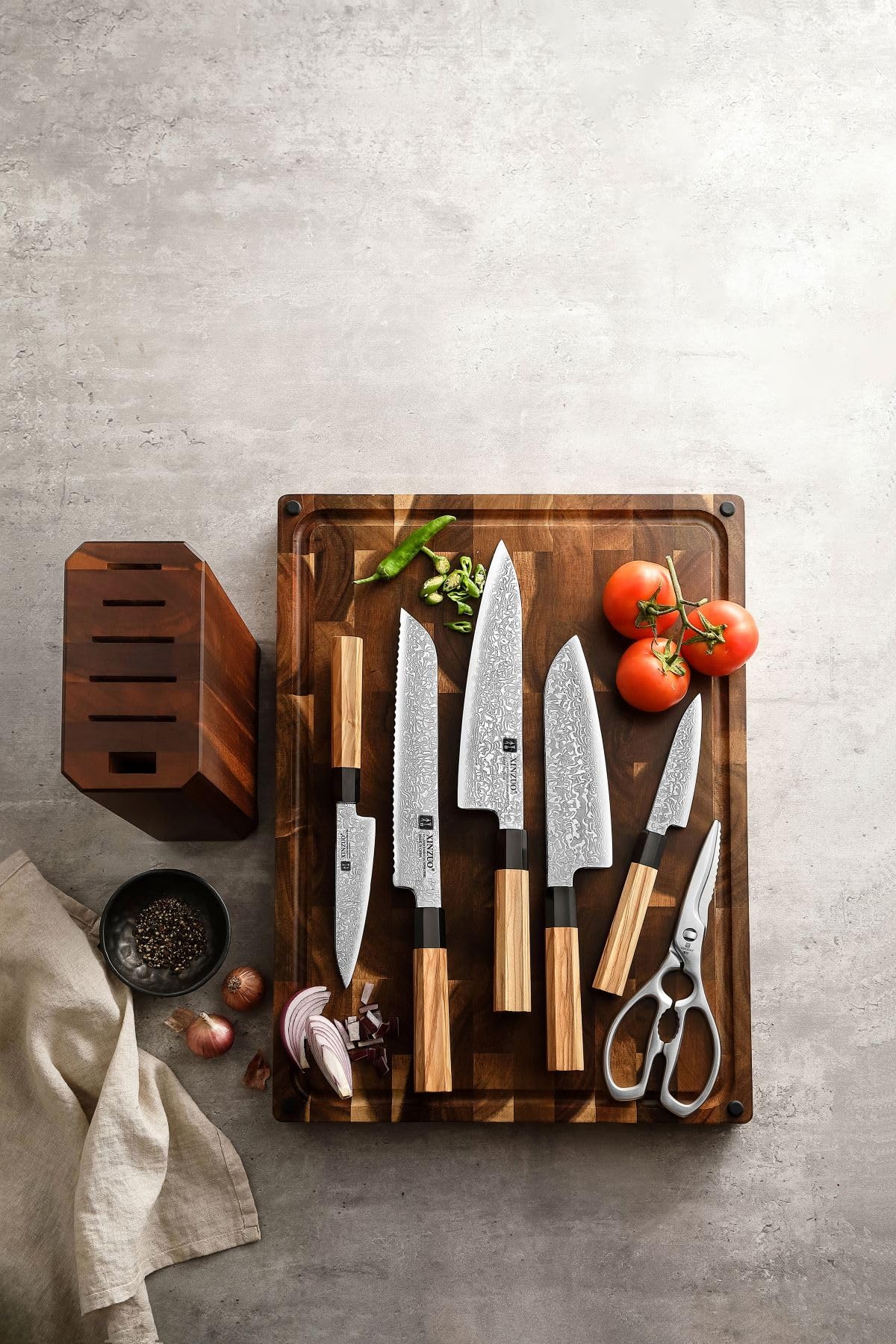 XINZUO Knife Block Set,Hand Forged 67 Layers Damascus Steel,7 Pieces Professional Chef Knife Set with Block&Kitchen Shear&Block, Razor Sharp, Olive Wood Octagonal Handle,Exquisite Box Package