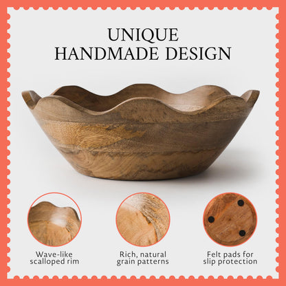 Mela Artisans 12-Inch Mango Wood Scalloped Bowl - Hand-Finished Decorative Serving and Fruit Bowl with Natural Grain for Kitchen Counter, Snacks, Desserts, Bread and Home Decor Centerpiece