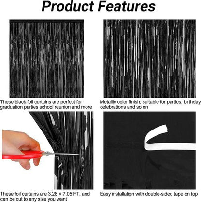 2026 Graduation Party Decorations - Skiennix Black Backdrop & Metallic Fringe Curtains | 3.28 FT x 7.05 FT