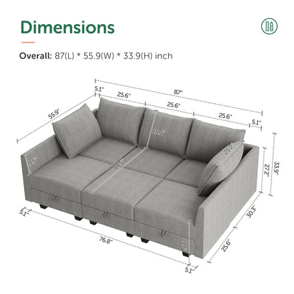 HONBAY Modular Sectional Sleeper Sofa Reversible Modular Couch with Storage Seats Modular Sleeper Sectional Sofa with Storage Ottoman, Grey