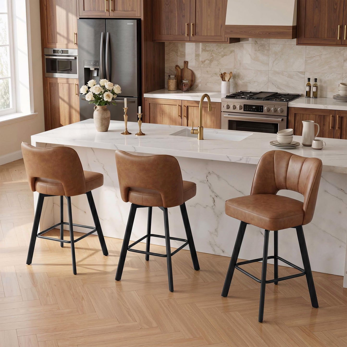 Homkdom Bar Stools Set of 3, 26 Inch Counter Height Swivel Bar Stools for Kitchen Island, Faux Leather Bar Stools with Back and Footrest, 360° Swivel, Metal Legs, 350 lbs, Cognac Brown