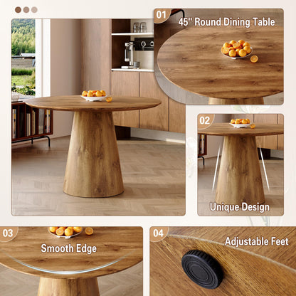 Vohuai 45-Inch Round Dining Table, Wood Round Table for 4/6, Seamless One-Piece Tabletop with Stable Conical Pedestal Base, Mid-Century Modern Round Dinner Table for Small Spaces Kitchen, Urban Family