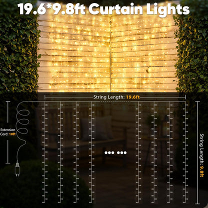 Suddus 600 LED Christmas Curtain Lights - 9.8x19.6ft Outdoor Wall Hanging Lights with Remote | Warm White Decor for Weddings, Parties, and Holidays