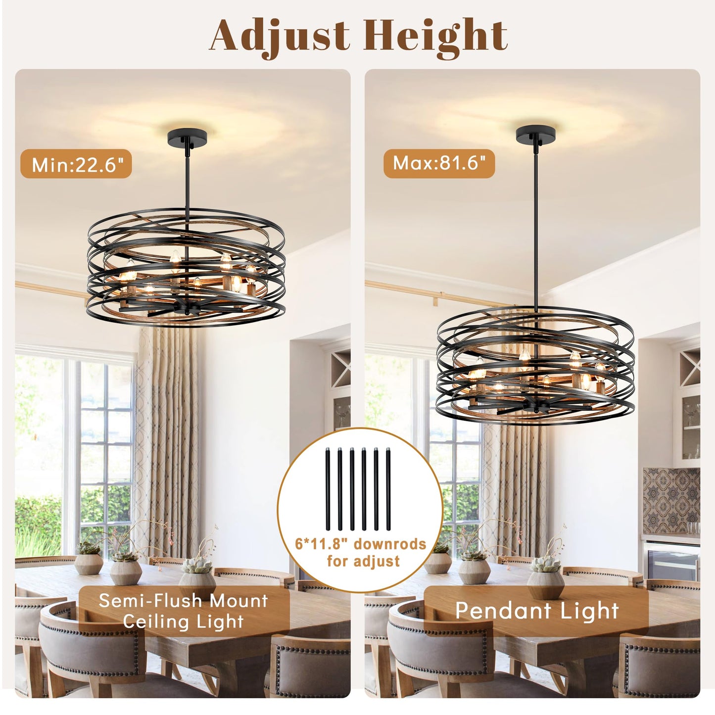 Black Farmhouse Chandelier,8 Lights Rustic Farmhouse Dining Room Light Fixture 23.6" Wood Grain Metal Modern Chandelier Rustic Large Kitchen Chandelier for Entryway Foyer