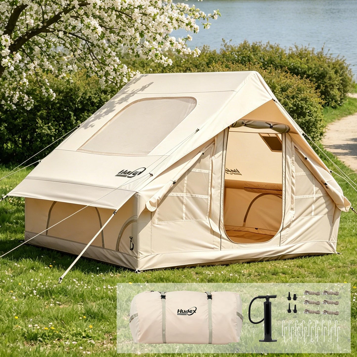 Inflatable Tent for Camping 4-6 Person-Blow Up Tent with Hand Pump-Oxford Waterproof Air Tent with Stove Jack – Portable Hot Tent for Family Glamping, Outdoor Festival（Quick Setup-5 Min for 4 Season）