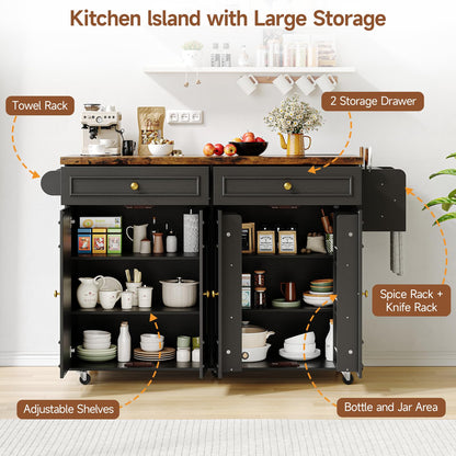 ComfyCorner 58" Rolling Kitchen Island with Storage, Island Table for Kitchen with Power Outlet, Multi-level Kitchen Islands on Wheels, Mobile Bar Cart with Spice Rack, Towel Rack, Knife Holder, Black