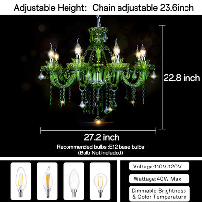 Bagood 8 Lights Green K9 Crystal Candle Chandeliers Lighting Modern Pendant Lights Candle Chandelier Lighting for Dining Living Room Bedroom Entry Elegant Decoration E12 Base, H22.8 x W27.2 Inch