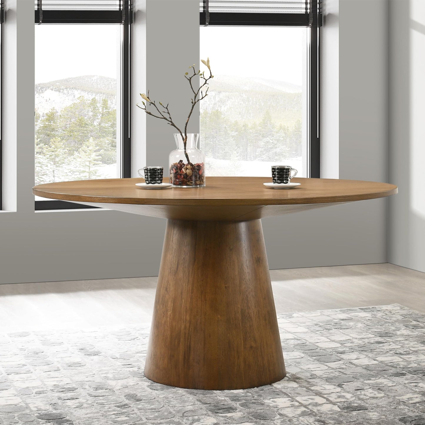 Terra 59" Round Transitional Dining Table, Engineered Wood, Smooth Finish, Mid-Century Modern Pedestal Base, 1" Thick Tabletop, Seats 4, Kitchen or Dining Room Furniture, (Walnut)