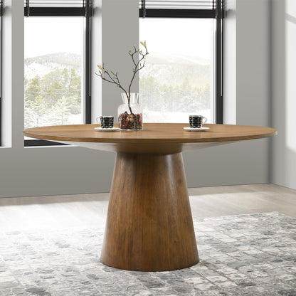 Terra 59" Round Transitional Dining Table, Engineered Wood, Smooth Finish, Mid-Century Modern Pedestal Base, 1" Thick Tabletop, Seats 4, Kitchen or Dining Room Furniture, (Walnut)