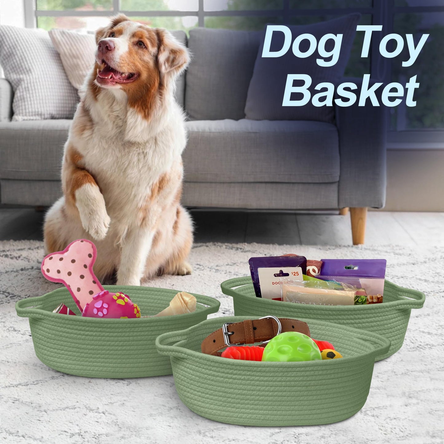 MEGASKET Green Woven Basket, 13" x 9" x 5" Baskets for Gifts Empty, Cute Cotton Rope Cat Dog Toy Bin Box, Small Woven Bin for Organizing, Green Room Decor, Nursery Baby Cloth Diaper Storage Organizer