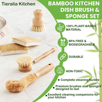 Tieralia Bamboo Dish Brush Gift Set – 5-Piece Kitchen Cleaning Set with Bottle Brush, Round Scrub Brush, Palm Brush & 2 Plant-Based Sponges | Wooden Handle Cleaning Tools for Dishes & Surfaces