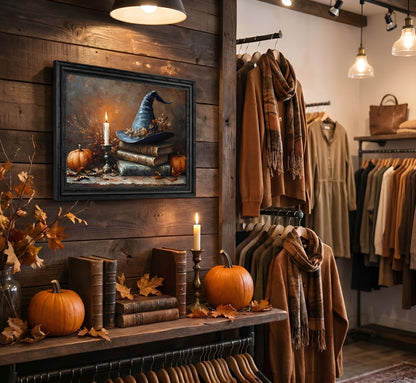 Black Framed Halloween Witch Hat With Book Canvas Wall Art 9X11in