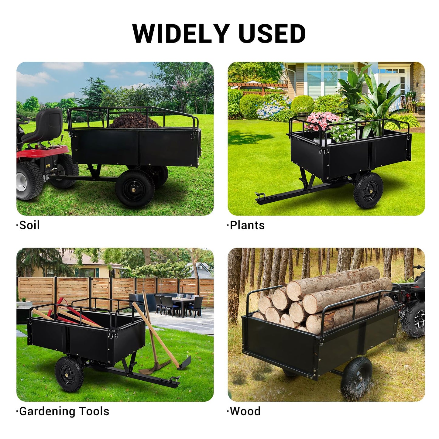 Heavy Duty Utility Dump Cart – 9000 Lbs Capacity, 15 Cu.ft Steel Trailer with Removable Sides, All-Terrain Wheels, Compatible with ATV/UTV/Lawn Tractor, Ideal for Garden, Yard, Hauling