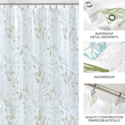 iDesign Leaves PEVA Shower Curtain– Water Resistant Bathroom Shower Curtain - 12 Rust Resistant Metal Grommets for Shower/Tub – Perfect for Master/Guest Bathroom - 72" x 72" – Blue Green/Frost