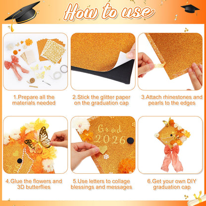 Wavwavw 58 Pcs DIY Graduation Cap Decorations Kit Grad Cap Decor Included Faux Flowers Bow Mesh 3D Butterfly Stickers, Adhesive Rhinestones, Glitter Letter Stickers, for 2026 Grad Party(Orange)