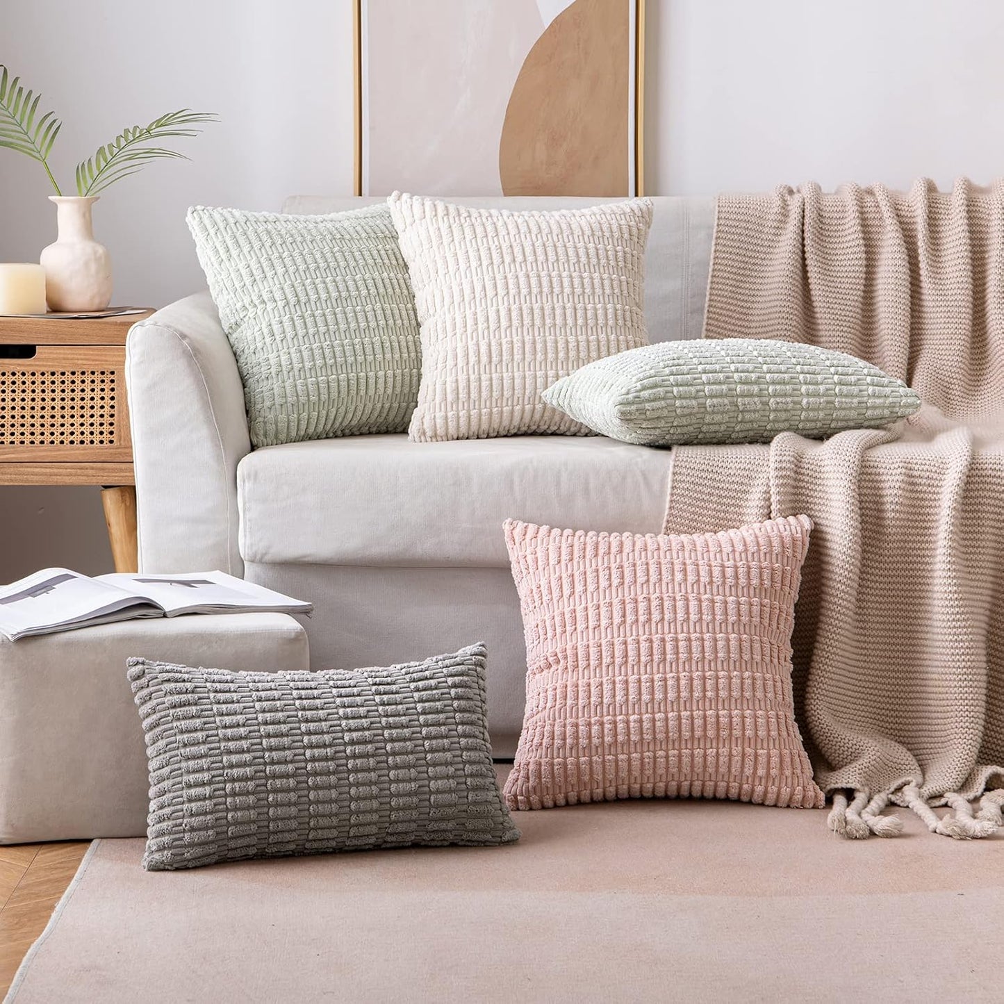 MIULEE Corduroy Decorative Throw Pillow Covers - Soft Boho Striped Design, 12x12 Inch, Cream White | Modern Farmhouse Home Decor