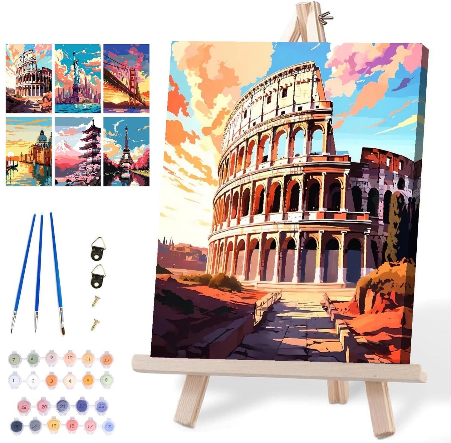 6 Pack Framed Paint by Numbers Kit for Adults Beginners with Wooden Easel,Scenery-Cityscape Easy Adults' Paint-by-Number Kits with Frame,DIY Number Painting Adults for Decor Present 8x12 inch