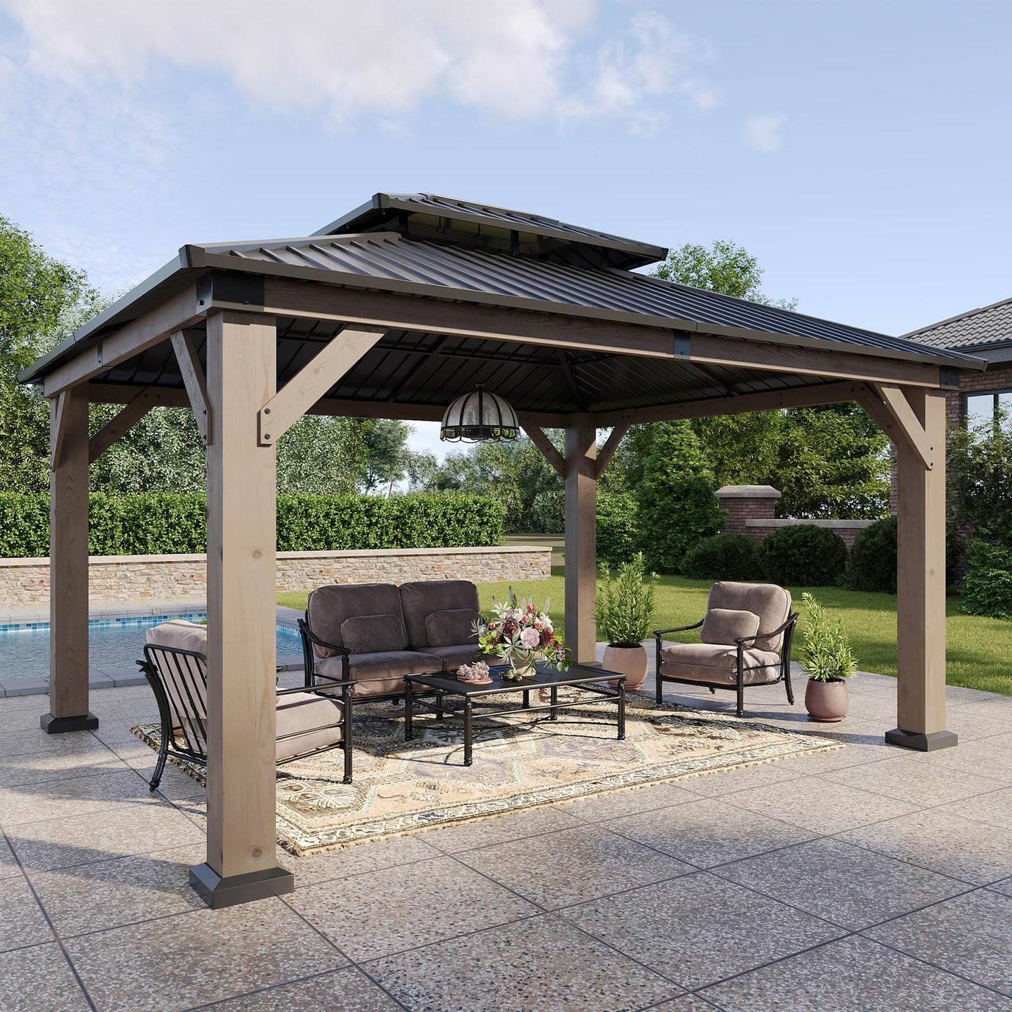 Aoxun 12' x 14' Outdoor Wood Gazebo, Hardtop Gazebo Permanent Wooden Pavilion with Galvanized Steel Double Roof, for Patio, Garden, Deckyard, Cedar Wood, Grey