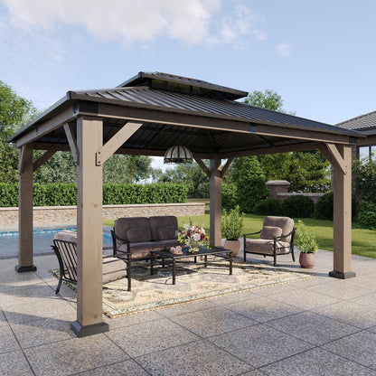 Aoxun 12' x 14' Outdoor Wood Gazebo, Hardtop Gazebo Permanent Wooden Pavilion with Galvanized Steel Double Roof, for Patio, Garden, Deckyard, Cedar Wood, Grey
