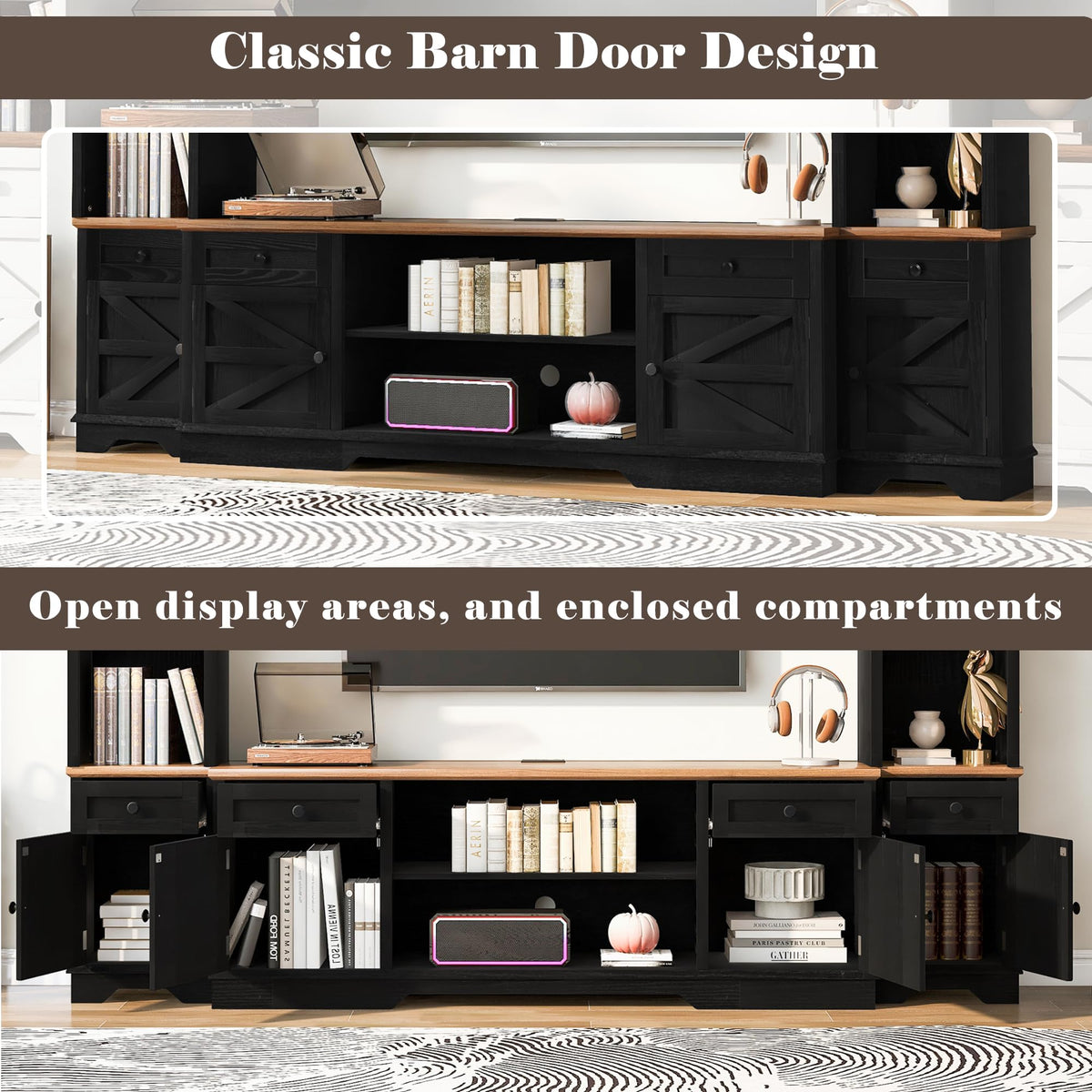 Merax 98.8" W Black Entertainment Center with Bookshelves for Living Room, Wooden Wall Unit TV Stand with Storage for TVs up to 80", Media Console with Drawers, Outlets, Cabinets & Adjustable Shelves