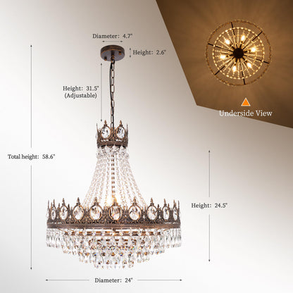 TOCHIC French Empire Crystal Chandelier, 9-Light Farmhouse Antique Bronze Chandelier Vintage Rustic Ceiling Light Fixture for Dining Living Room, Bedroom, Kitchen Island, Bathroom, Foyer, 24" W
