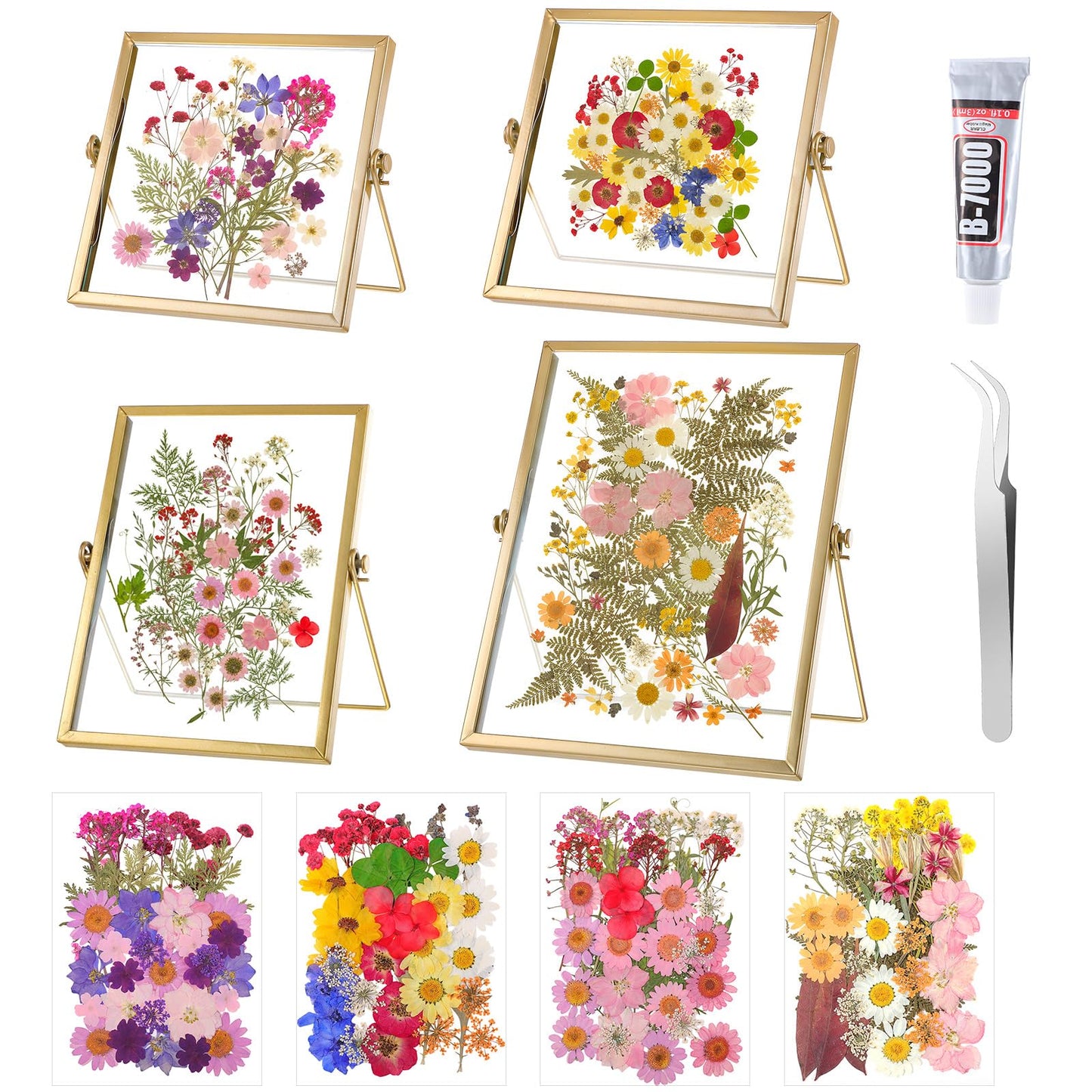 Thyle Flower Frame Pressed Kit, Include 4 Pcs Gold Metal Picture Frames and 140 Pcs Dried Pressed Flowers for Crafts DIY Floating Photo Frame for Tabletop Display, Home Decor, Gifts