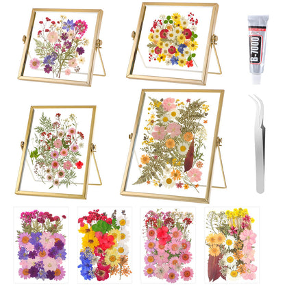 Thyle Flower Frame Pressed Kit, Include 4 Pcs Gold Metal Picture Frames and 140 Pcs Dried Pressed Flowers for Crafts DIY Floating Photo Frame for Tabletop Display, Home Decor, Gifts