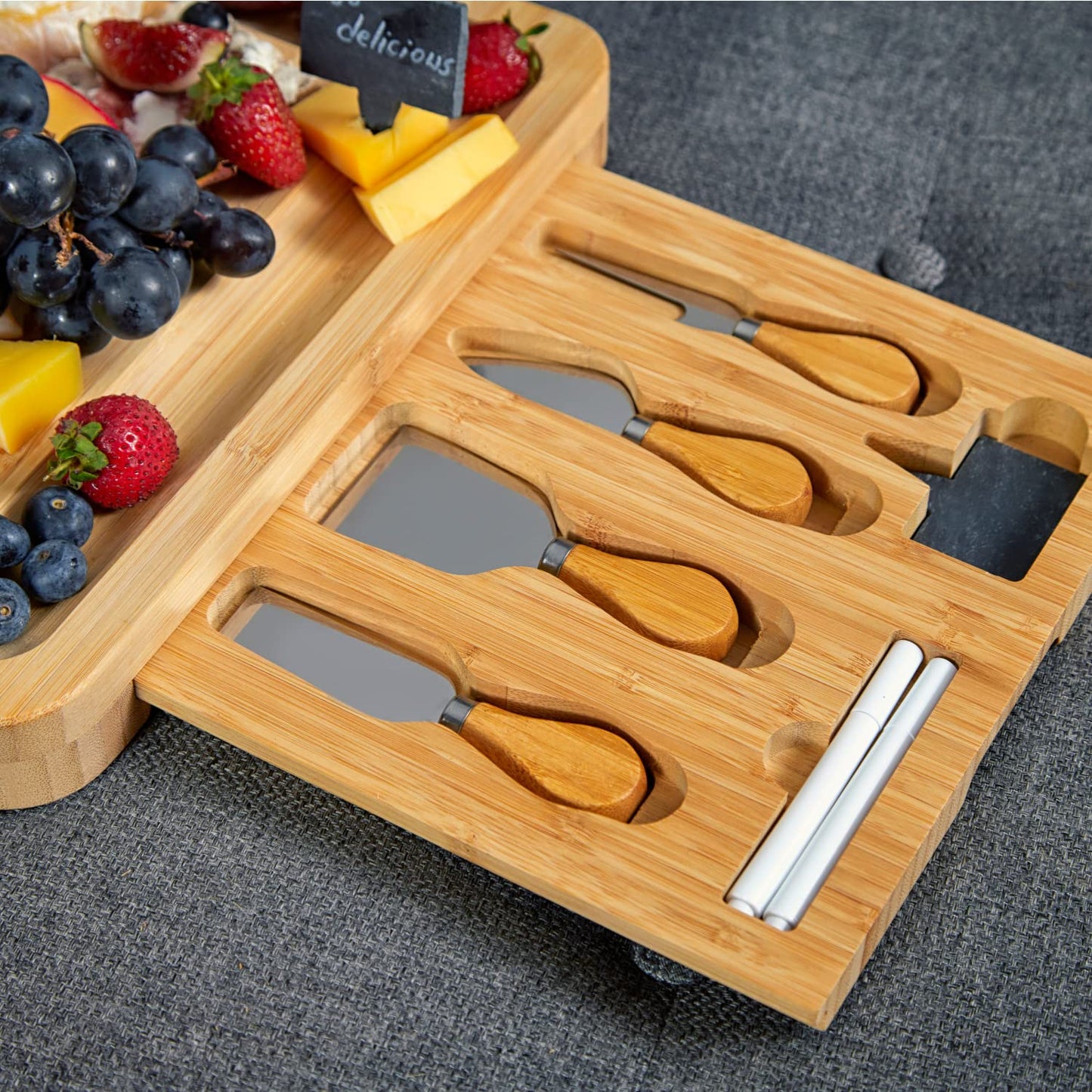 RoyalHouse Unique Bamboo Cheese Board & Knife Set with 2 Slide-Out Cutlery Drawers - Charcuterie Boards Set - Gifts for Women Birthday, Wedding Couples 2025, Bridal Shower