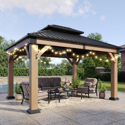 Aoxun 10' x 12' Outdoor Wood Gazebo, Hardtop Gazebo Permanent Wooden Pavilion with Galvanized Steel Double Roof, and LED Outdoor Waterproof Hanging Lights, for Patio, Garden, Deck, Cedar Wood, Grey