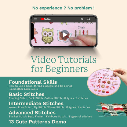 Bradove Beginner Embroidery Kit for Adults Kids, Learn to Embroider 37 Stitches and 13 Cute Patterns, Beginner Embroidery Practice