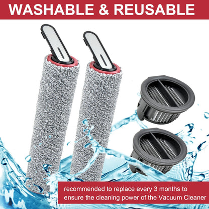 Brush Rollers and Filters Replacement Parts Compatible with Dreame H14/ H14 Pro Wet Dry Vacuum Cleaner (2 Roller Brushes, 2 Hepa Filter)