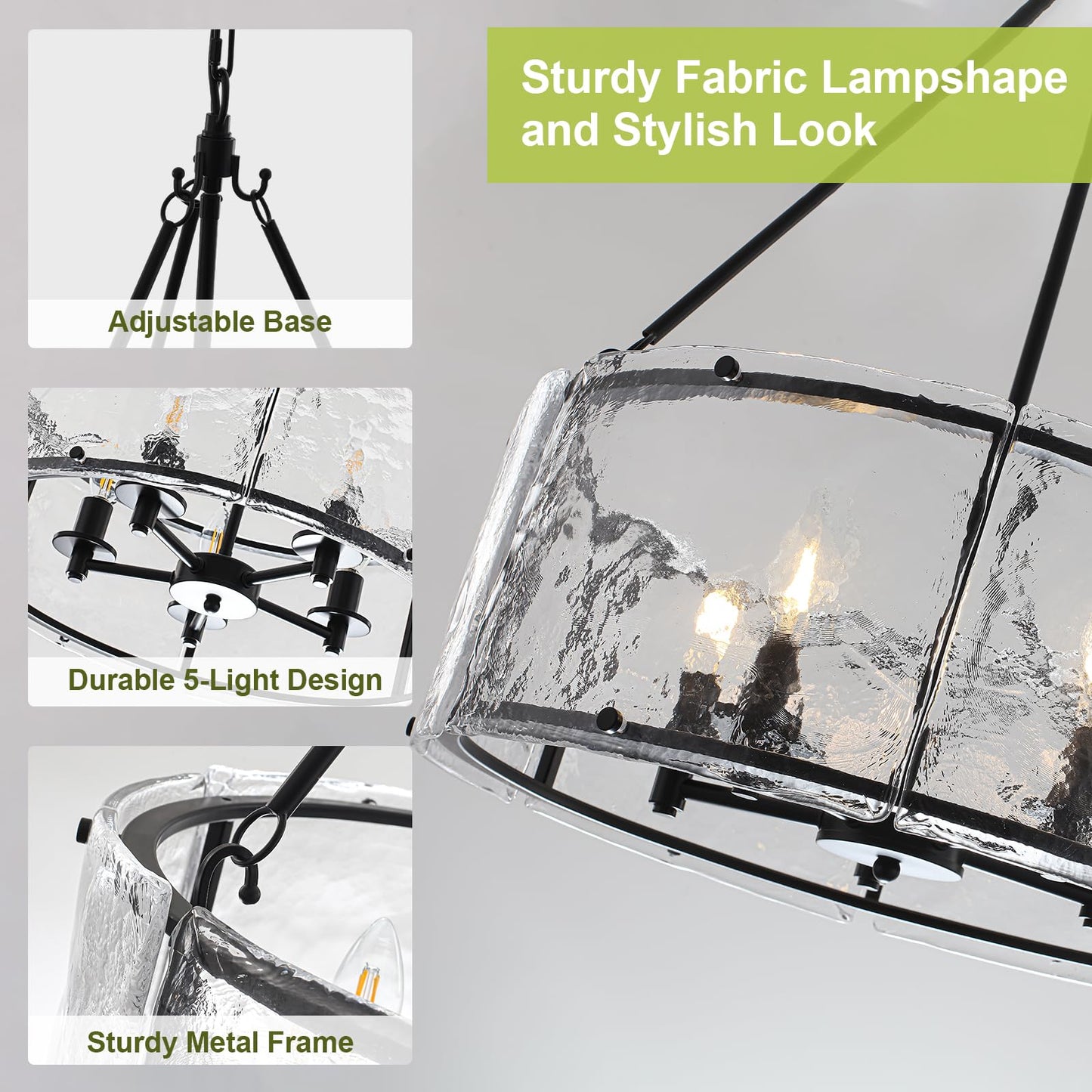 Enjoy the lights 5-Light Dining Room Light Fixture, Black Modern Drum Chandelier with Textured Glass Shade, Adjustable Farmhouse Chandelier for Foyer, Entryway, Kitchen Island, Living Room