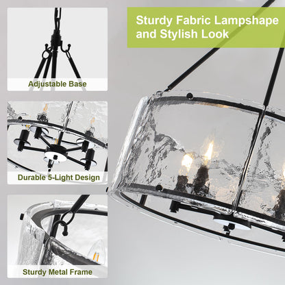 Enjoy the lights 5-Light Dining Room Light Fixture, Black Modern Drum Chandelier with Textured Glass Shade, Adjustable Farmhouse Chandelier for Foyer, Entryway, Kitchen Island, Living Room