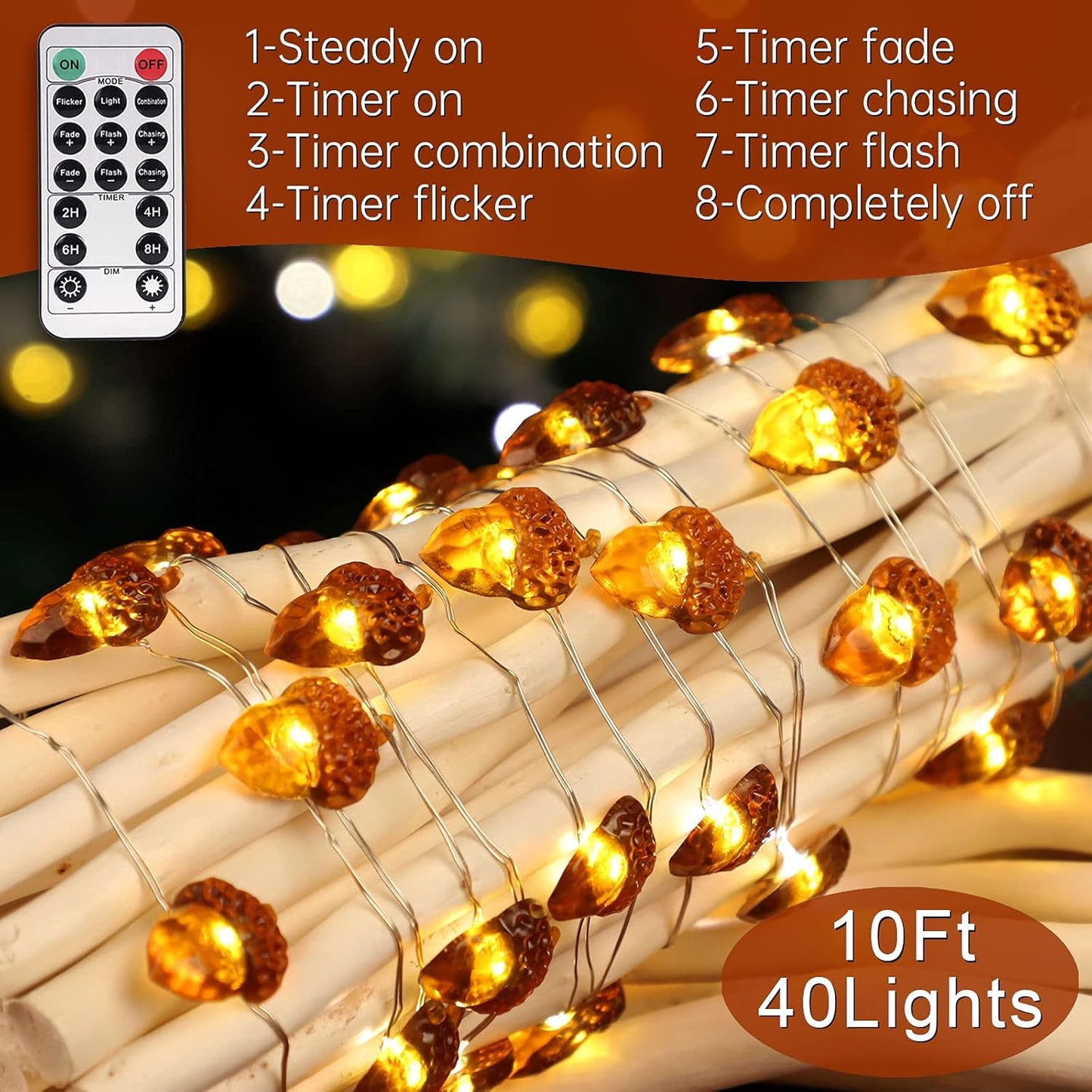 Impress Life Thanksgiving Acorn String Lights - 10ft Silver Wire 40 LED Battery Powered with Remote Timer