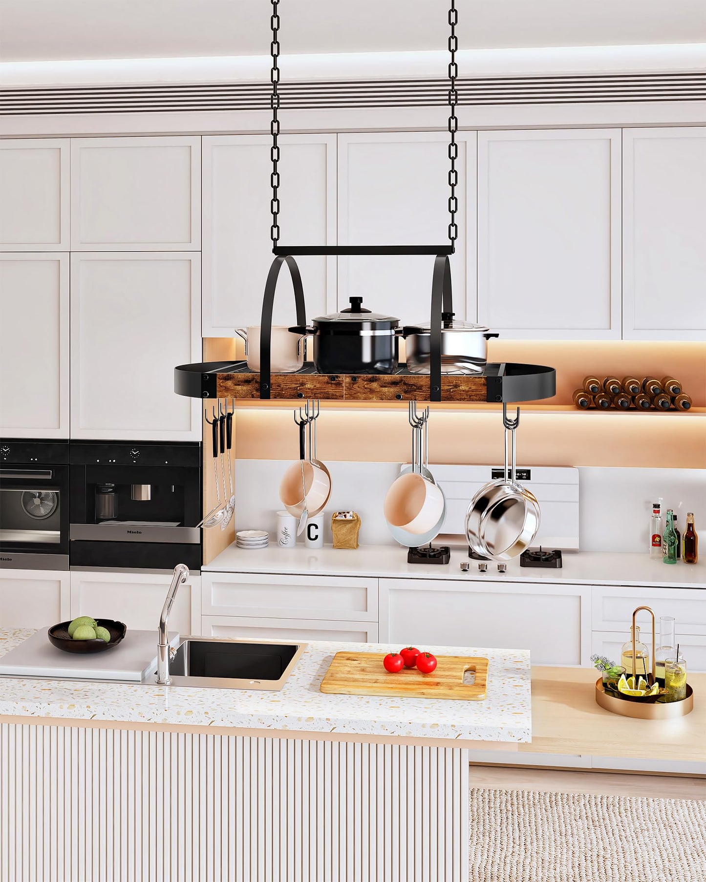 CHOEZON Hanging Pot Rack, Pot Hanger for Kitchen, Ceiling Mounted Pot Holder, Cookware Organizer with 12 S-Shaped Hooks, for Pot, Pan Storage, Space-Saving, Rustic Brown and Black TPR08BFC1